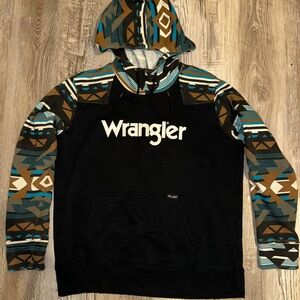 Wrangler Black Pullover Hoodie with Teal and Brown Aztec Sleeves